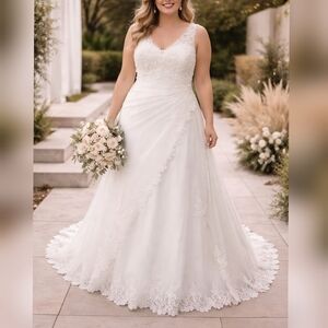 Sincerity Style 4013 V-Neck Fit & Flare Asymmetrical Ruching Wedding dress sz 28